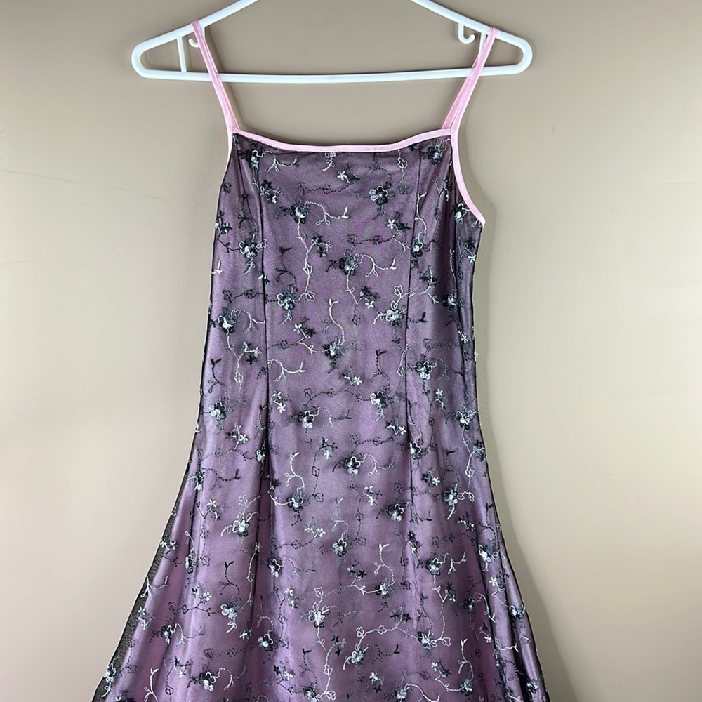 Beautiful Pink Gown with Black Mesh,  Pink Floral Appliques and Asymmetrical Hem - Picture 5 of 11